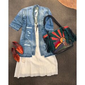 SANDRINE ROSE X Free People Denim Kimono Jacket Distressed Oversized Indigo Sz M